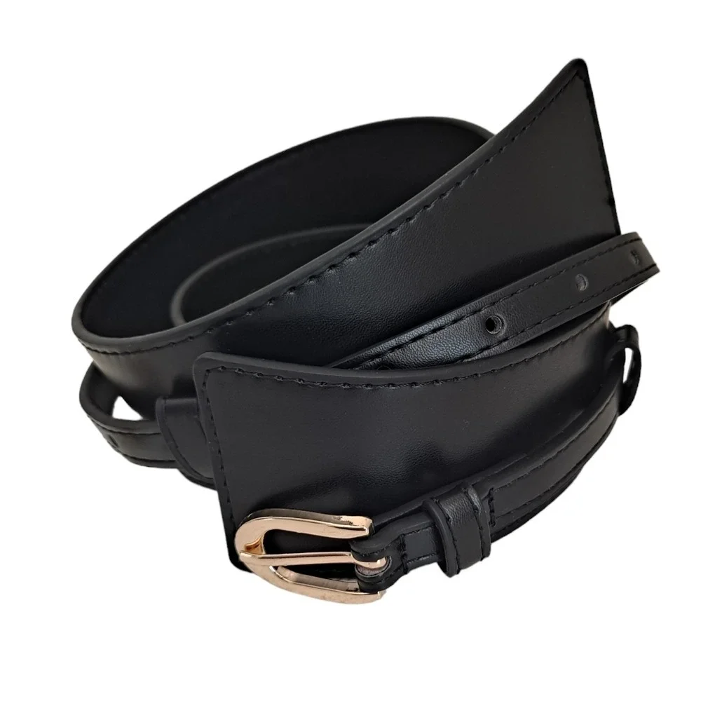 Skinny thick Black faux leather utility corset gold buckle dress wide waist belt